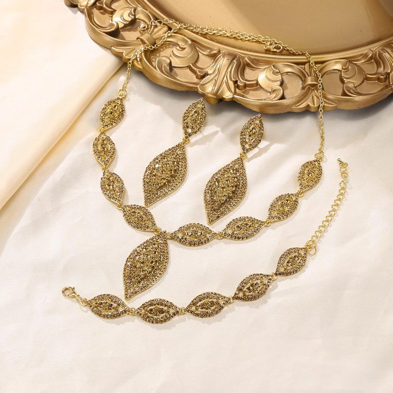Flyonce Wedding Jewelry Set Rhinestone Crystal Bridal Leaf Necklace Drop Dangle Chandelier Earrings Sets Brown Gold-Tone - Image 5