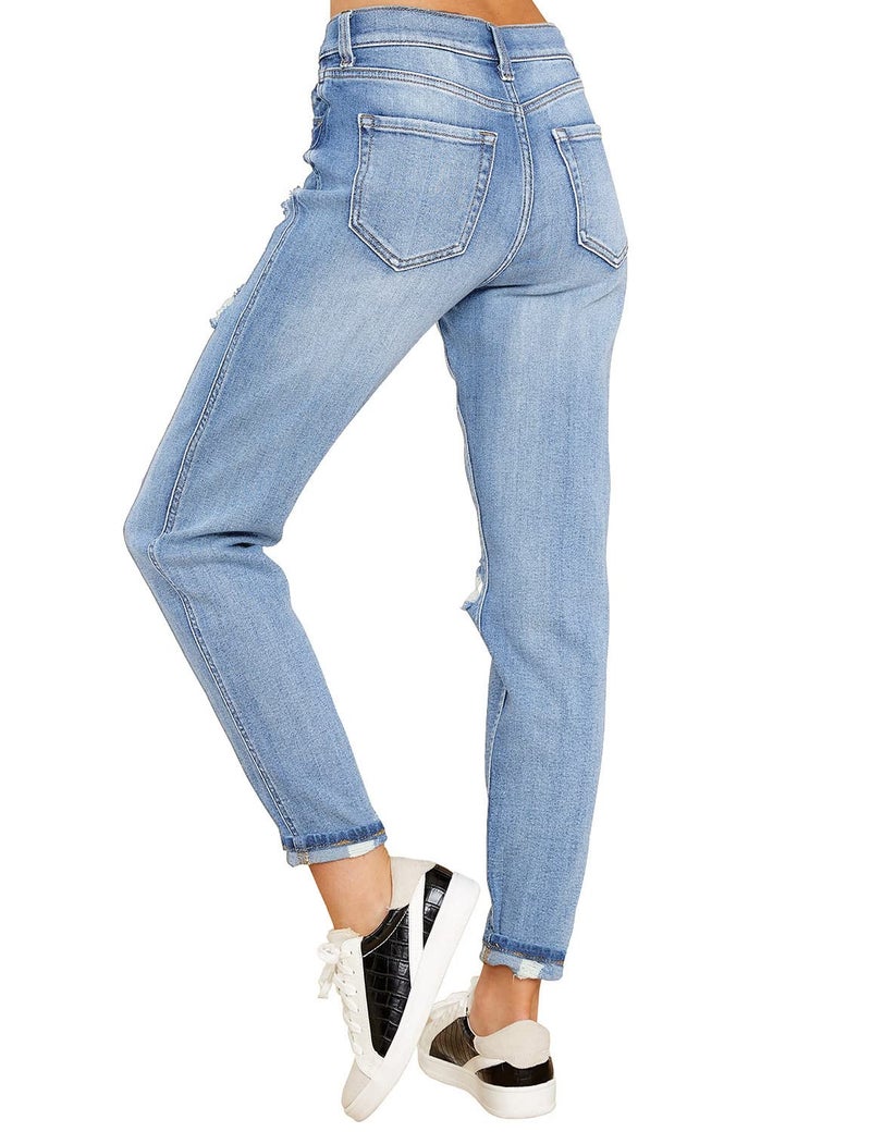 luvamia Women's Casual Ripped Jeans High Waisted Boyfriend Jeans Tapered Mom Jeans Denim Pants Nightfall Blue Size Medium - Image 2