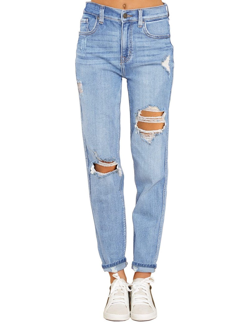 luvamia Women's Casual Ripped Jeans High Waisted Boyfriend Jeans Tapered Mom Jeans Denim Pants Nightfall Blue Size Medium - Image 1