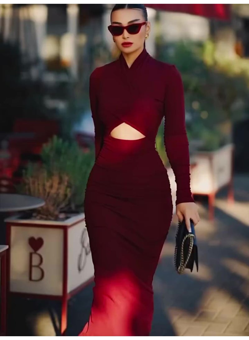 SCACTO Burgundy Red Cutout Long-sleeved Bodycon Dress 