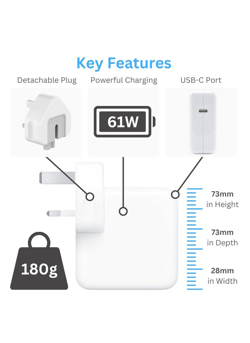 Generic MacBook Air/Pro Charger - 61W USB C Power Adaptor with 1.8m/6ft USC C to USB C Charger Cable - Compatible with Mac Book Air/Pro - 61W Replacement Apple Mac Charger with Fast Charging Technology  - Image 1
