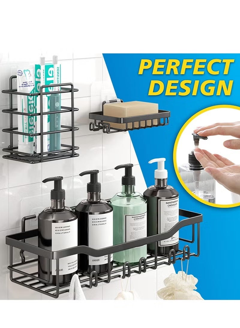 A ZONE Black Adhesive Bathroom Shelf Organizer, Bathroom Basket Shelves, No-Drill Bathroom Corner Organizer for Bathtub, Bathroom Wall Organizer, Metal Frame Shelf (5 Pack - Black) - Image 2