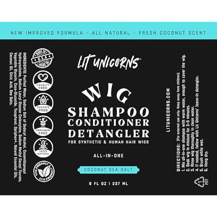 LIT UNICORNS All Natural Wig Shampoo for Human Hair and Synthetic Wigs, Cleanses, Conditions & Detangles, Made In USA, Vegan Fresh Coconut Scent. No parfumes or fragrances - Image 5