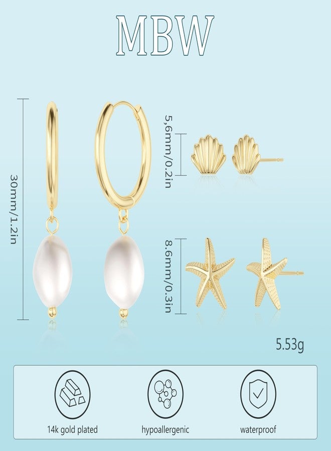 MBW Seashell Earrings Sets for Women, 3 Pairs 14k Gold Plated Small Starfish Seashell Pearl Drop Dangle Earrings for Women Trendy Dainty Waterproof Beachy Jewelry - Image 5