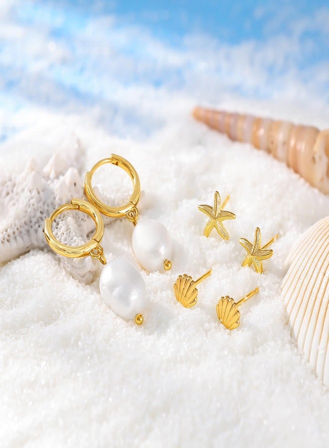 MBW Seashell Earrings Sets for Women, 3 Pairs 14k Gold Plated Small Starfish Seashell Pearl Drop Dangle Earrings for Women Trendy Dainty Waterproof Beachy Jewelry - Image 3