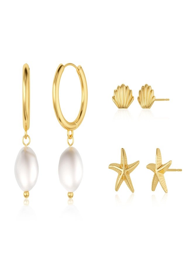 MBW Seashell Earrings Sets for Women, 3 Pairs 14k Gold Plated Small Starfish Seashell Pearl Drop Dangle Earrings for Women Trendy Dainty Waterproof Beachy Jewelry - Image 1