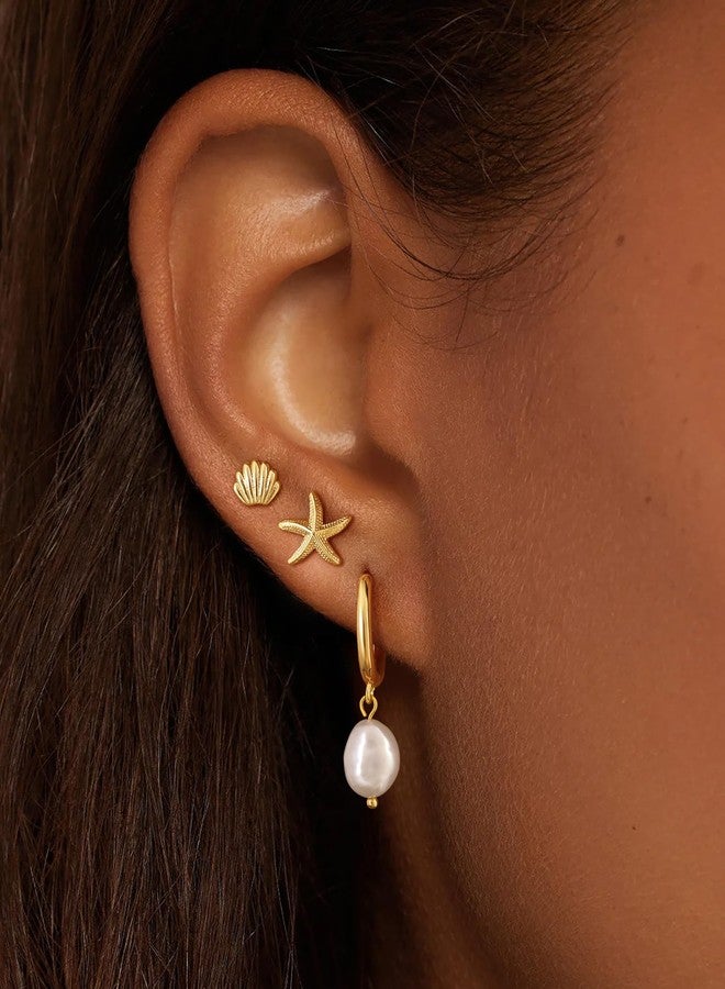 MBW Seashell Earrings Sets for Women, 3 Pairs 14k Gold Plated Small Starfish Seashell Pearl Drop Dangle Earrings for Women Trendy Dainty Waterproof Beachy Jewelry - Image 2