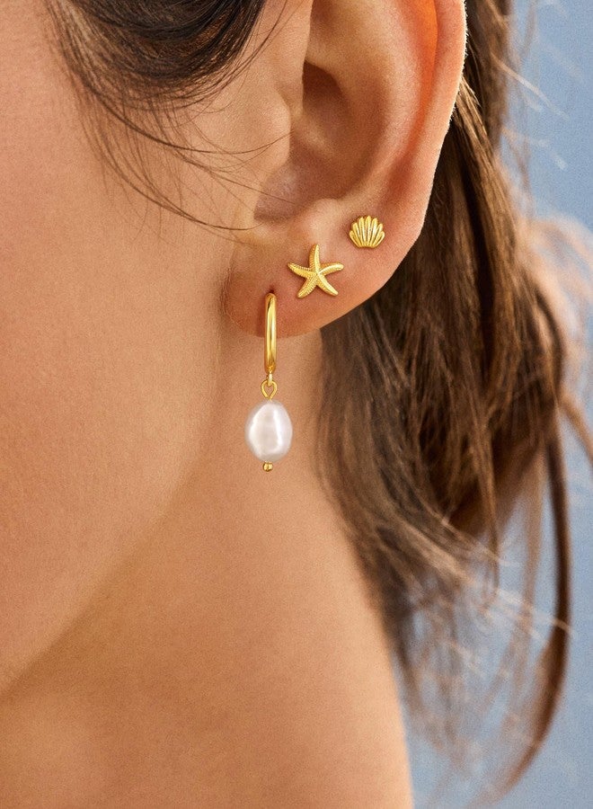 MBW Seashell Earrings Sets for Women, 3 Pairs 14k Gold Plated Small Starfish Seashell Pearl Drop Dangle Earrings for Women Trendy Dainty Waterproof Beachy Jewelry - Image 4