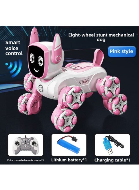 Intelligent Voice Control Eight Wheel Stunt Robot Dog Gesture Sensing Pink Remote Control Car Children's Programming Pet Toy-Color:Md572 Pink, Intelligent Voice Control Handle Remote Control-Scale:Two Sets Of Lithium Batteries
