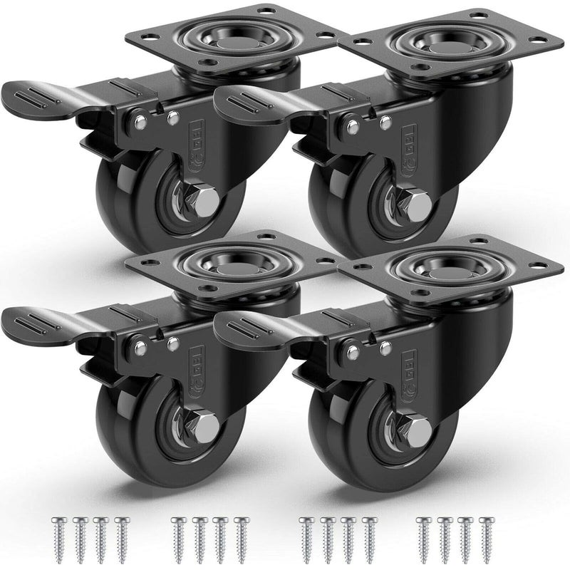 G&BL 2" Heavy Duty Caster Wheels with Brakes + Screws - up to 440Lbs - Set of 4 No Floor Marks Silent Castor for Furniture - Rubbered Trolley or Pallet Swivel Wheels - Black Casters - Image 1