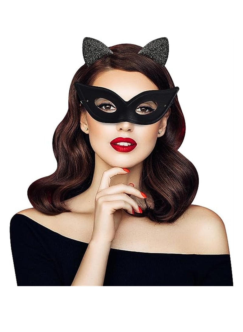 Cat Themed Party Masquerade Set with Elastic Black Cat Eye Mask and Ears Headband for Women and Girls Ideal for Cosplay and Ball Events  - Image 1