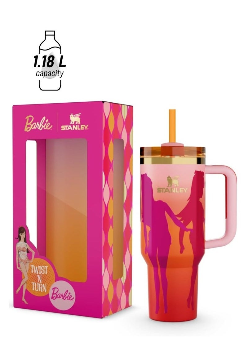 Barbie x Stanley ’60s Twist ’N Turn Quencher 40 OZ | Limited Edition Stainless Steel Tumbler with Retro Swirl Design, Leak-Resistant Lid, Reusable Straw & Handle | BPA-Free, Eco-Conscious, Double-Wall Vacuum Insulated | Cold for 11 Hours, Hot for 7 Hours | Vintage Collector Packaging | Stylish Daily Hydration for Living