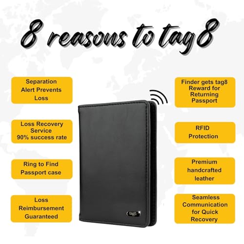tag8 DOLPHIN Smart Passport Holder, Android and iOS Compatible, Genuine Leather Passport Cover with BLE Tracker and RFID Blocking Technology, Passport Wallet and Case for Cards and Cash, Black - Image 3