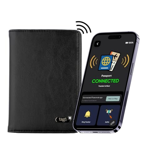 tag8 DOLPHIN Smart Passport Holder, Android and iOS Compatible, Genuine Leather Passport Cover with BLE Tracker and RFID Blocking Technology, Passport Wallet and Case for Cards and Cash, Black - Image 1