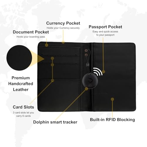 tag8 DOLPHIN Smart Passport Holder, Android and iOS Compatible, Genuine Leather Passport Cover with BLE Tracker and RFID Blocking Technology, Passport Wallet and Case for Cards and Cash, Black - Image 4