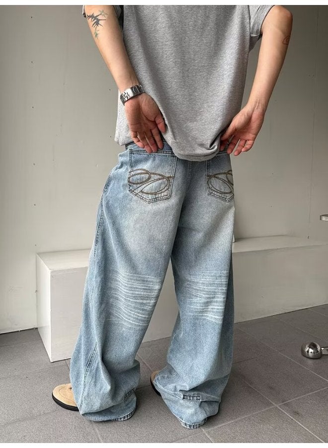 American-Style Straight-Leg Jeans for Men, Autumn 2025 New Model, Vintage Washed Light Blue Loose Pants for Men
