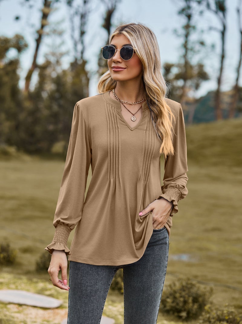 2023 Amazon autumn new T-shirt cross-border womens clothing solid color drawstring puff sleeve V-neck long sleeve top Dark green - Image 3