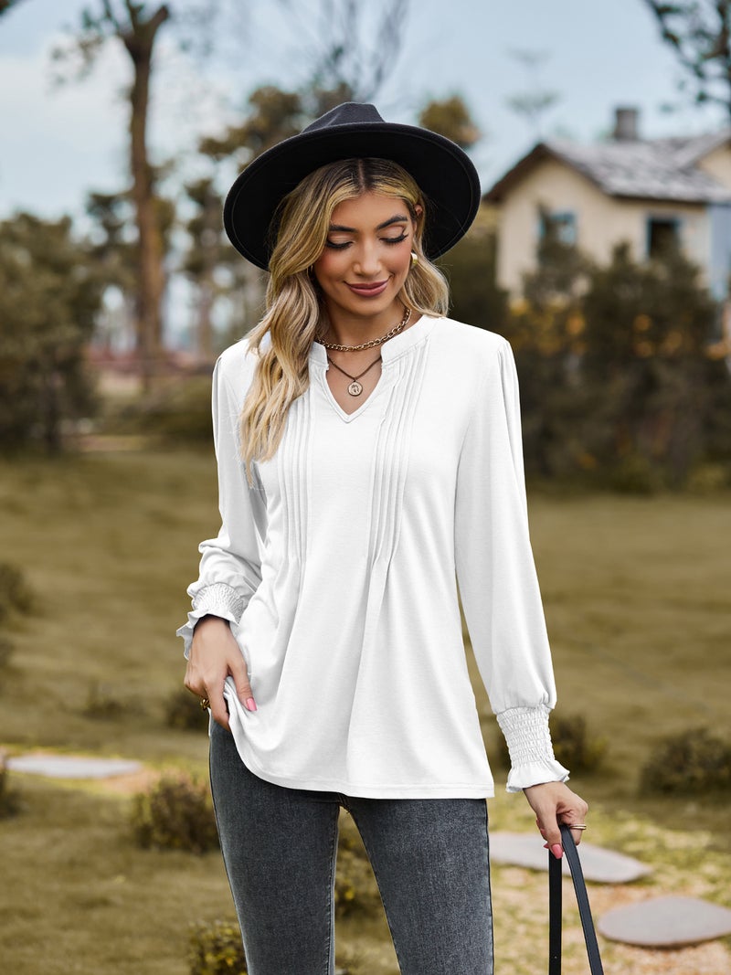 2023 Amazon autumn new T-shirt cross-border womens clothing solid color drawstring puff sleeve V-neck long sleeve top Dark green - Image 4