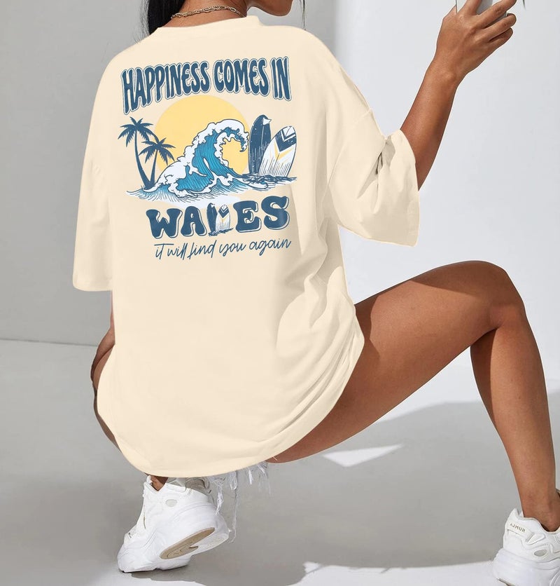 MYHALF Graphic Tees Women Oversized T-Shirts: Summer Hawaiian Beach Tops Shirts Hawaii Tropical Beachy Short Sleeve Outfit Apricot - Image 4