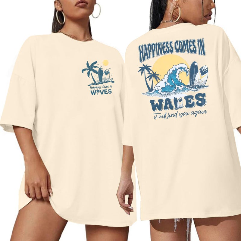 MYHALF Graphic Tees Women Oversized T-Shirts: Summer Hawaiian Beach Tops Shirts Hawaii Tropical Beachy Short Sleeve Outfit Apricot - Image 2