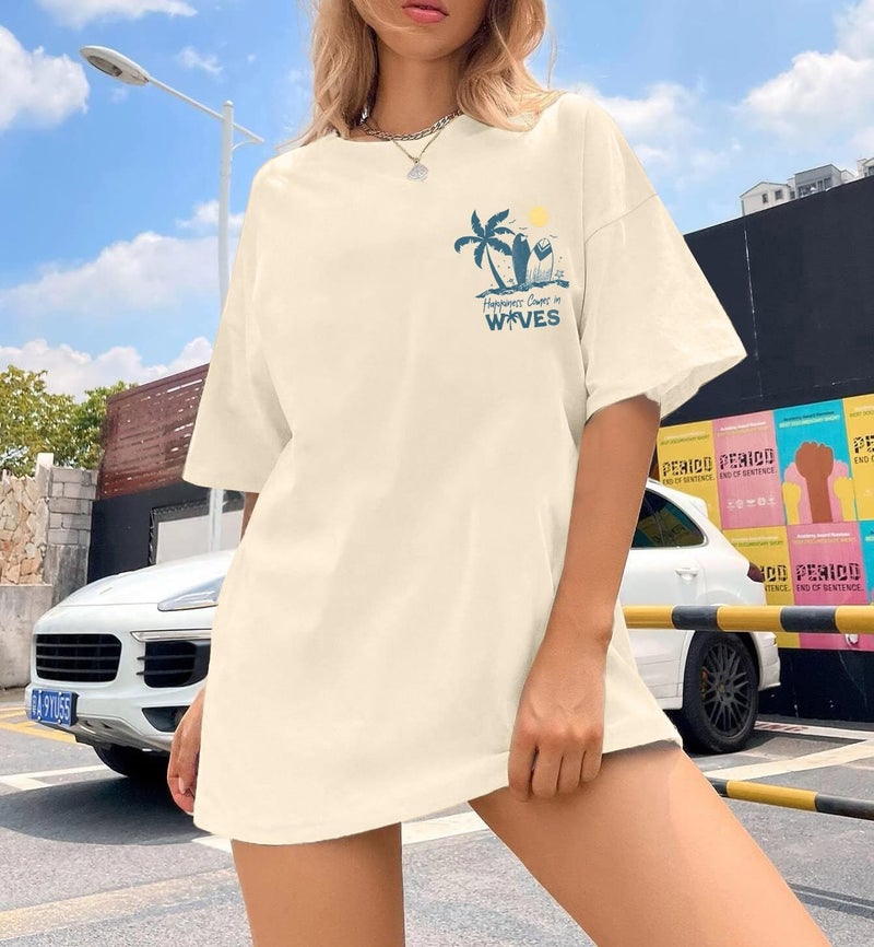 MYHALF Graphic Tees Women Oversized T-Shirts: Summer Hawaiian Beach Tops Shirts Hawaii Tropical Beachy Short Sleeve Outfit Apricot - Image 3