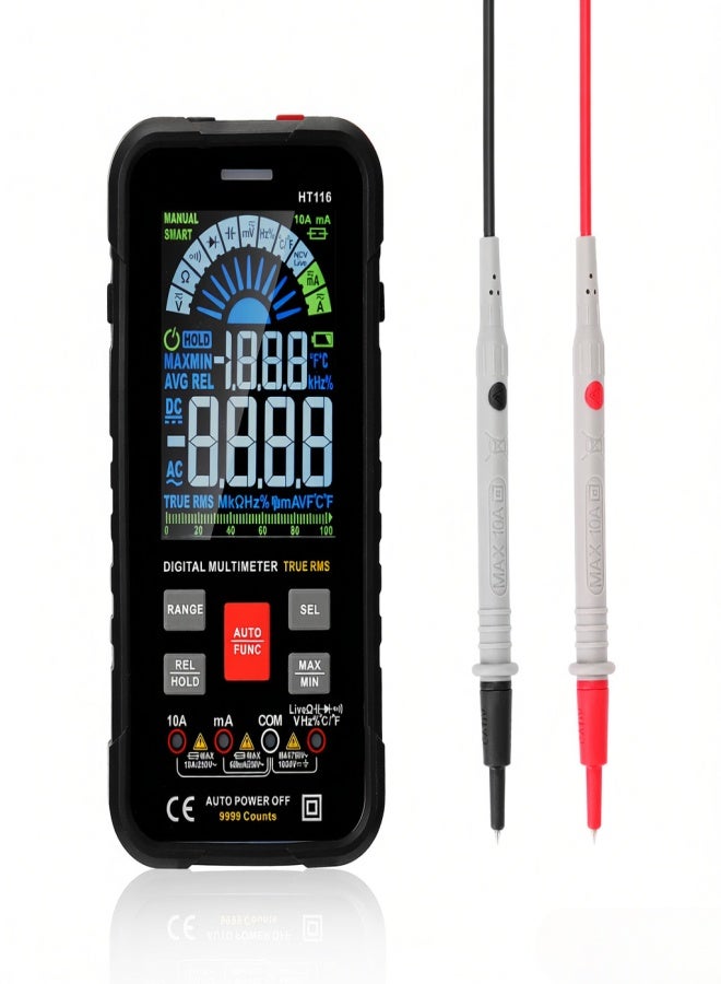 هابوتيست جهاز قياس متعدد الوظائف ذكي محمول HABOTEST HT116، شاشة عرض كبيرة ملونة VA، 9999 عدًا مع وظيفة مصباح يدوي، يقيس RMS الحقيقي، NCV، التيار المستمر، جهد التيار المتردد، التيار، المقاومة، السعة، التردد، نسبة التشغيل، اختبار الثنائيات الحية، وقياس درجة الحرارة. - Image 1
