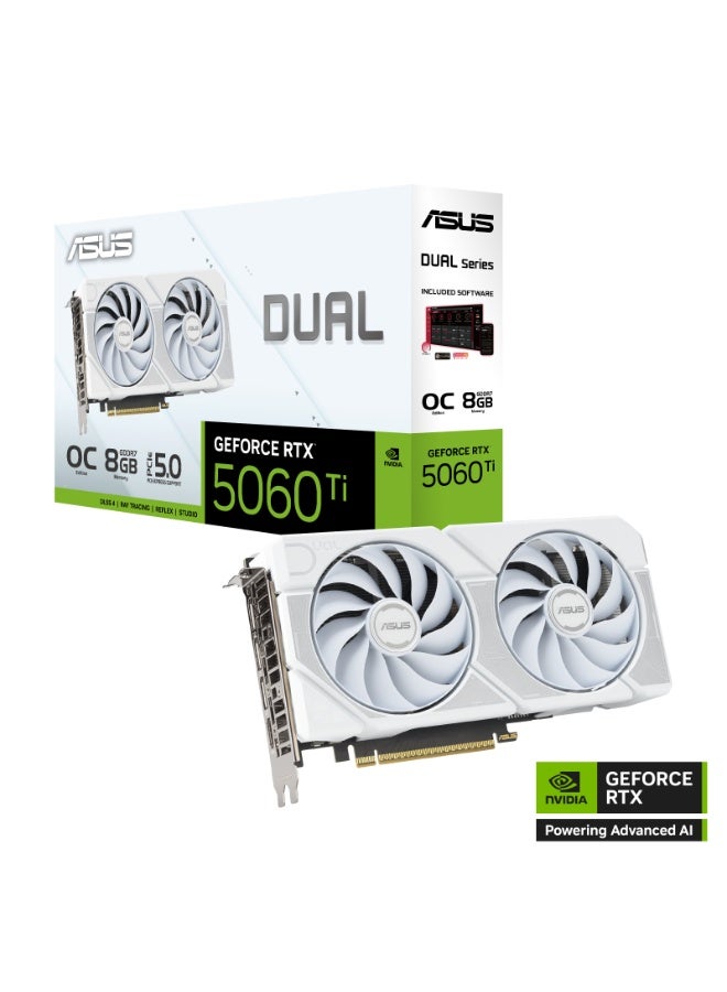 Dual GeForce RTX 5060 Ti OC Edition 8GB GDDR7 White Graphics Card, PCIe 5.0, 2632MHz Boost Clock, Axial-Tech Dual Fans, Ray Tracing, DLSS 4, HDMI 2.1, DisplayPort 2.1, 128-Bit, AI-Enhanced, 2.5-Slot Design, GPU Tweak III, VR Ready | 90YV0MP5-M0NA00 White