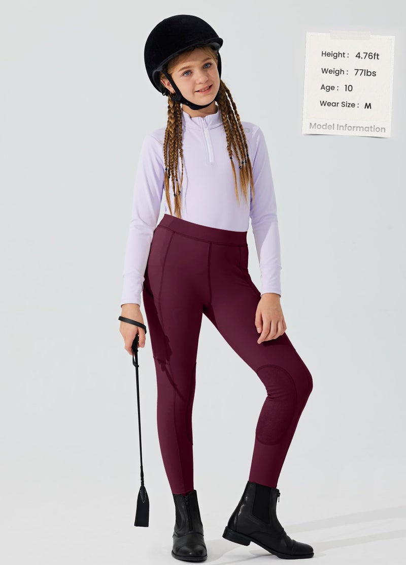 Willit Girls Horse Riding Pants Tights Kids Equestrian Breeches Knee-Patch Youth Schooling Tights Zipper Pockets Burgundy M - Image 5