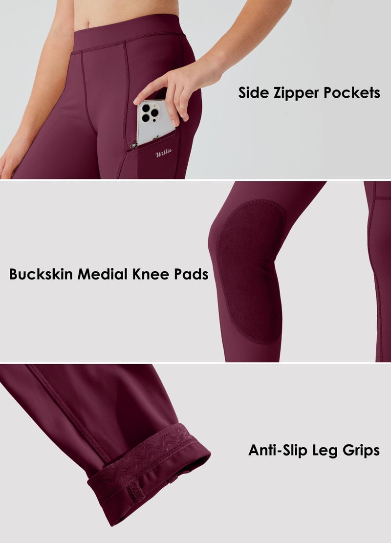 Willit Girls Horse Riding Pants Tights Kids Equestrian Breeches Knee-Patch Youth Schooling Tights Zipper Pockets Burgundy M - Image 3