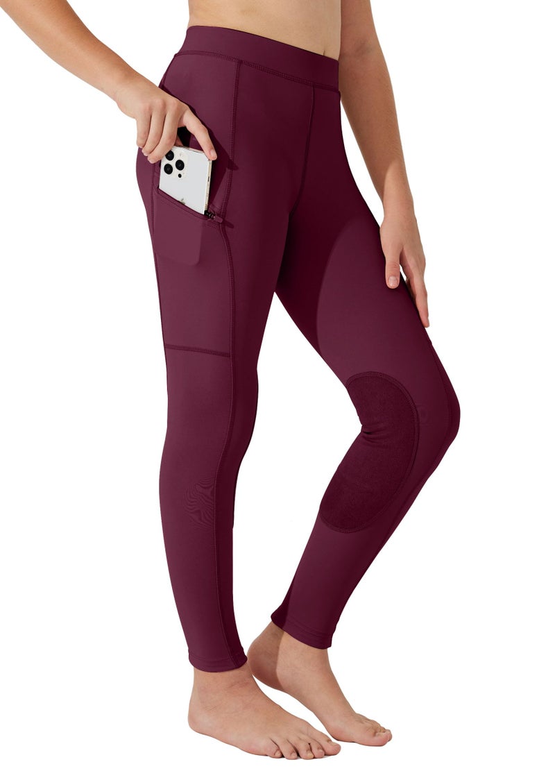 Willit Girls Horse Riding Pants Tights Kids Equestrian Breeches Knee-Patch Youth Schooling Tights Zipper Pockets Burgundy M - Image 1