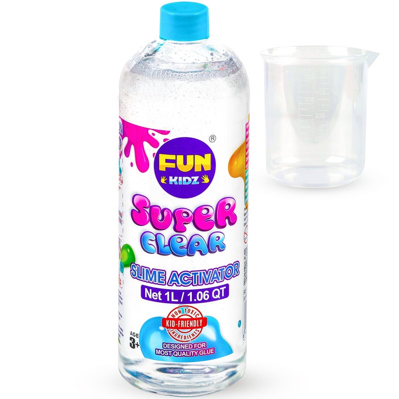 FUN KIDZ 106QT مُنشط سلايم فائق الوضوح 34 أونصة مع كوب قياس بلاستيكي FunKidz 1 لتر تركيبة دقيقة تعمل مع جميع أنواع غراء السلايم قابلة للغسل غير سامة صديقة للأطفال المكونات - Image 3