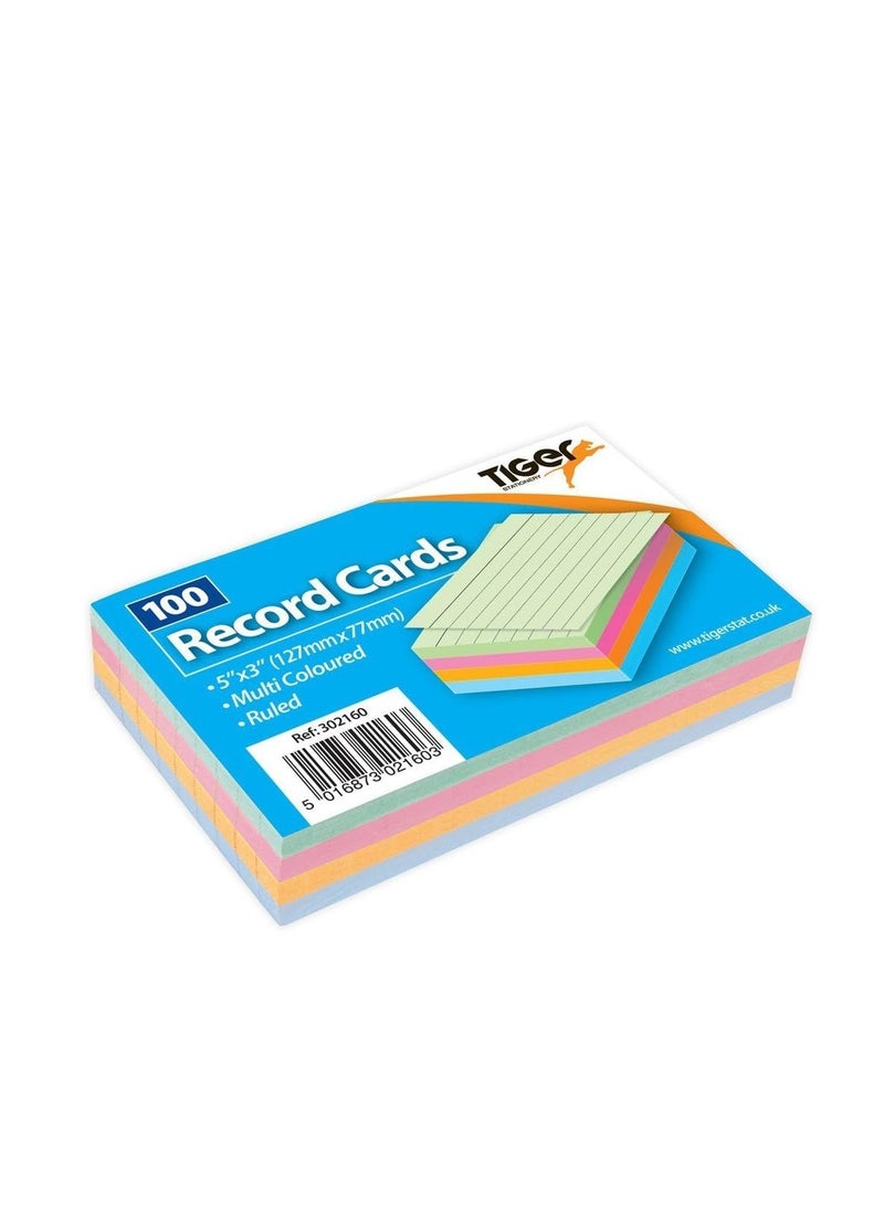 Tiger 1 x 100 Sheet Pack of Record Flash Cards Coloured Study Revision Coloured 5x3 - Image 1