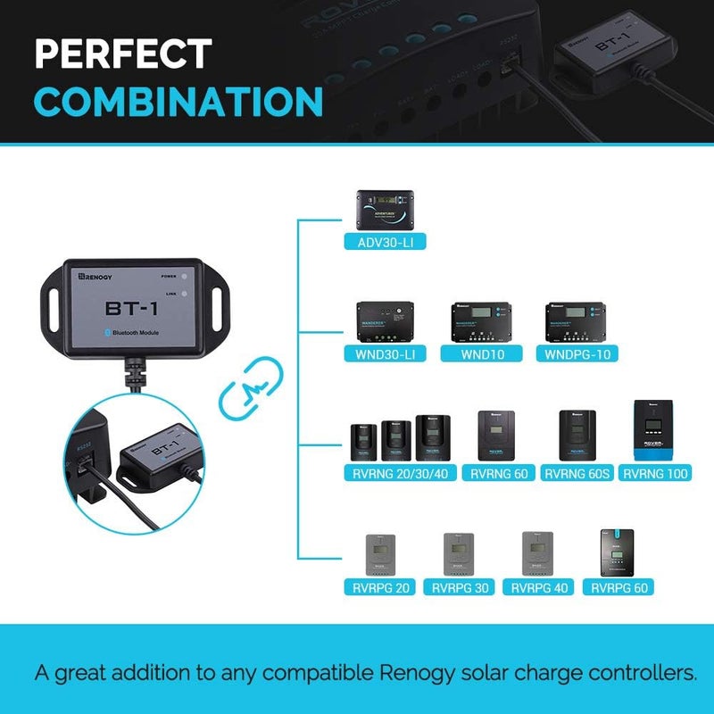Renogy Bluetooth Module RJ12 Communication Port Compatible Rover/Wanderer/Adventurer Charge Controllers, BT-1 RS232,Black - Image 2