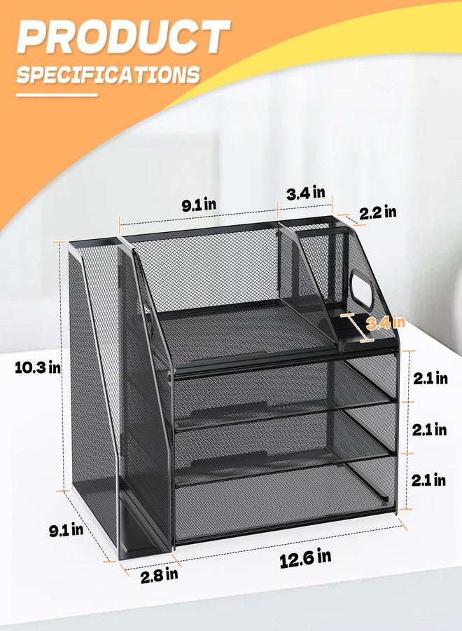 DocNest 4 Tier Paper Letter Tray File Organizer, Mesh Desk File with Handle, Workspace Desk Organizers with Pen Holder, Office Organization Storage Accessories - Black - Image 2