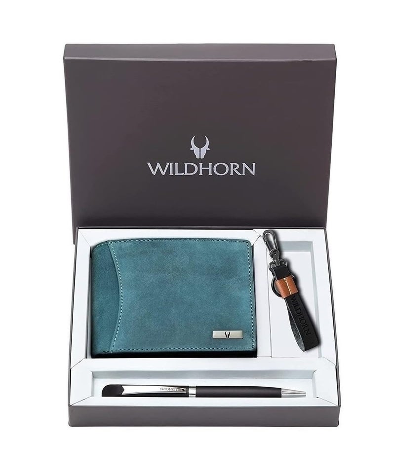 WildHorn Gift Hamper for Men I Leather Wallet, Keychain & Pen Combo Gift Set I Gift for Friend, Boyfriend,Husband,Father, Son etc (Blue H M) - Image 1