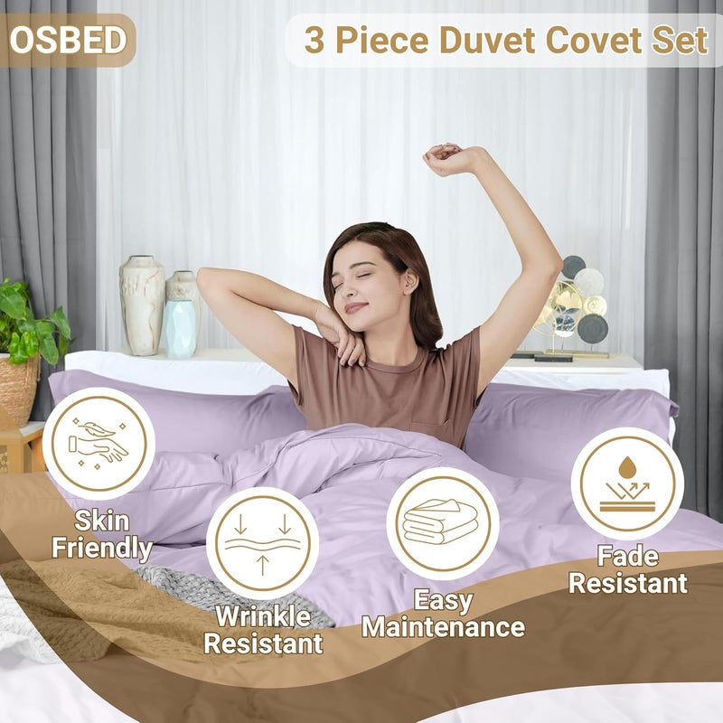 OSBED Luxury 3 Piece Duvet Cover Set - 100% Cotton, Lavender, 200 x 200cm - Image 3