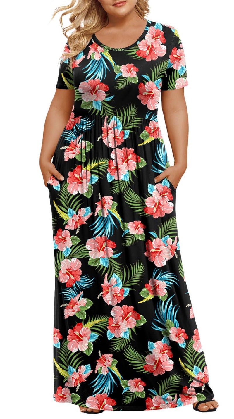 LONGYUAN Women's Plus Size Maxi Dresses for Curvy Women Summer Short Sleeve Casual 2026 Long Dress Black Hibiscus 2XL - Image 1