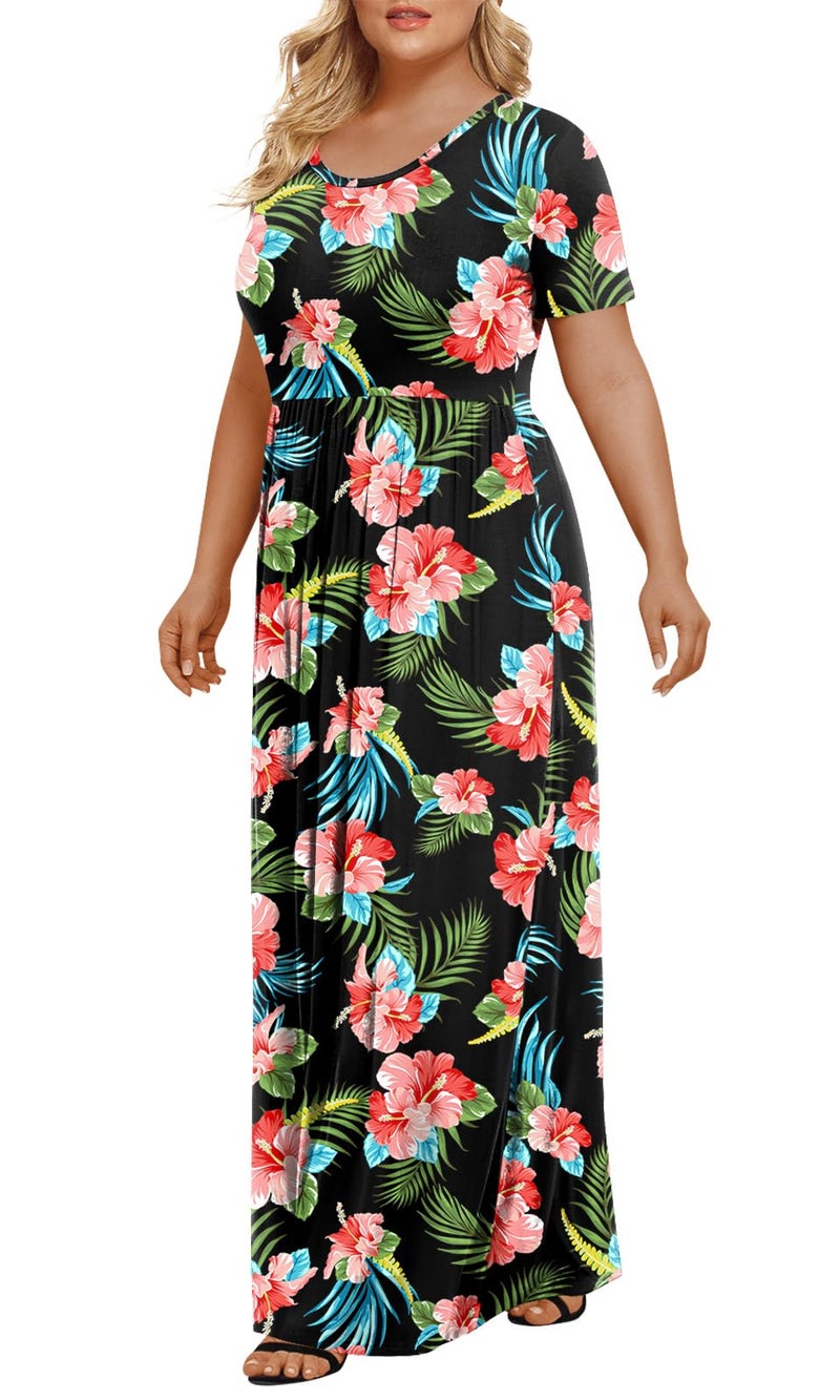 LONGYUAN Women's Plus Size Maxi Dresses for Curvy Women Summer Short Sleeve Casual 2026 Long Dress Black Hibiscus 2XL - Image 2