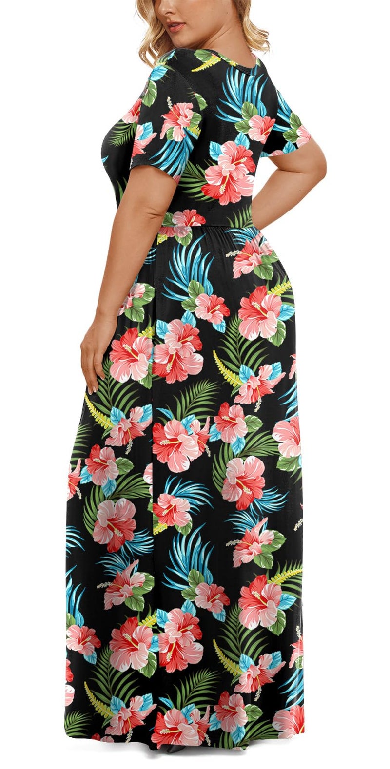 LONGYUAN Women's Plus Size Maxi Dresses for Curvy Women Summer Short Sleeve Casual 2026 Long Dress Black Hibiscus 2XL - Image 3
