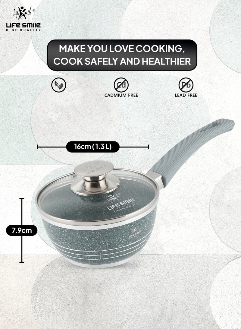 Life Smile 1.3L Nonstick Induction Saucepan With Glass Lid, Multipurpose Saucepan for Stove Top, Granite Coating, Small Soup Pot Milk Pan, Pour Spouts and Stock, PFOA & PFOS Free  - Image 3