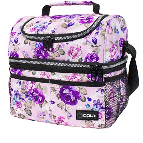 Opux Lunch Box For Women  Large Dual Compartment Insulated Lunch Bag 10x75x10 Inches Floral Purple