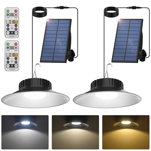 T-SUN Solar Pendant Light Outdoor, 2 Pack Solar Shed Lights Indoor with Remote Control, IP65 Waterproof Shop Light, 3000K/4000K/6000K, Perfect for Barn Chicken Coop Garage Courtyard Balcony - Image 1