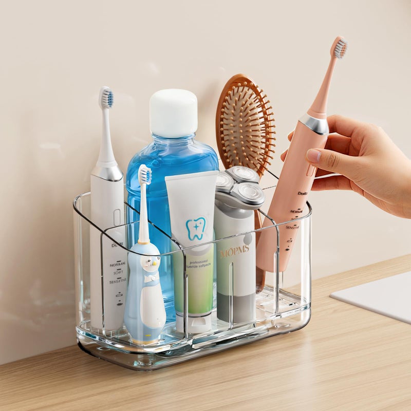 MOPMS Toothbrush Holders for Bathrooms, 5 Slots Electric Toothbrush Holder Wall Mounted with Adjustable Divider, Detachable Bathroom Countertop Organizer with Drain Tray for Shower/Kitchen/Office - Image 1