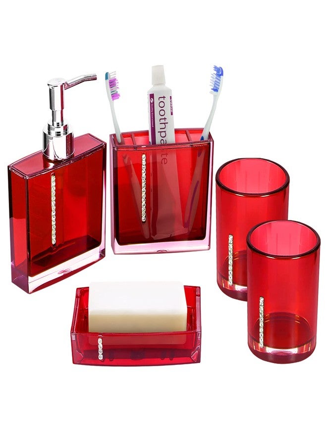 GOTOTOP Red Bathroom Accessories Set Bathroom Designer 5-Piece Bath Accessory Set,Acrylic Gift Set Toothbrush Holder Toothbrush Cup Dispenser Dish Toilet Brush Holder Trash Can Tumbler - Image 1