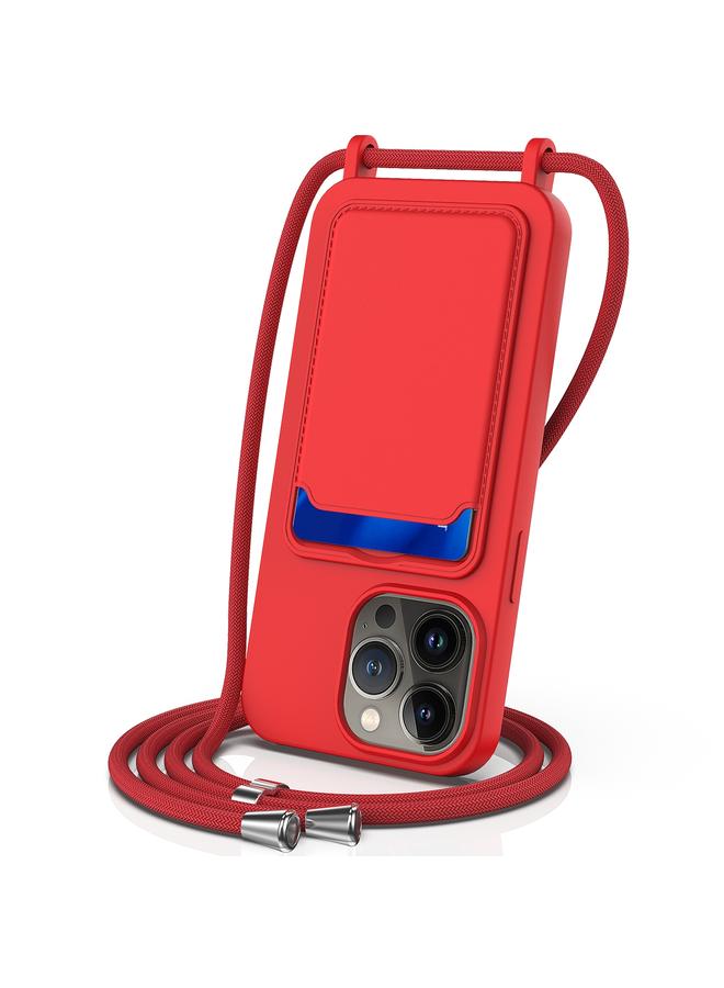 The Bros Case For iPhone 14 Pro Max Integrated Card Bag Solid Color Liquid Silicone Phone Case with Lanyard