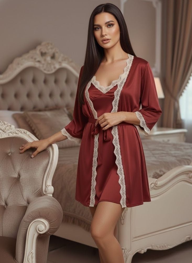 Cute Wine Red Satin Lace Trim Robe Set for Women – Short Nightwear with Matching Slip, Smooth Silky Finish for Elegant Evening Wear - Image 1