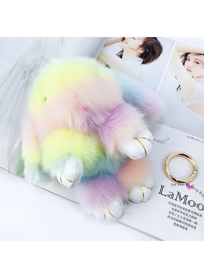 Rainbow Faux Fur Bunny Keychain Charm, Pastel Artificial Rabbit with PU Leather Paws, 19cm - Image 5