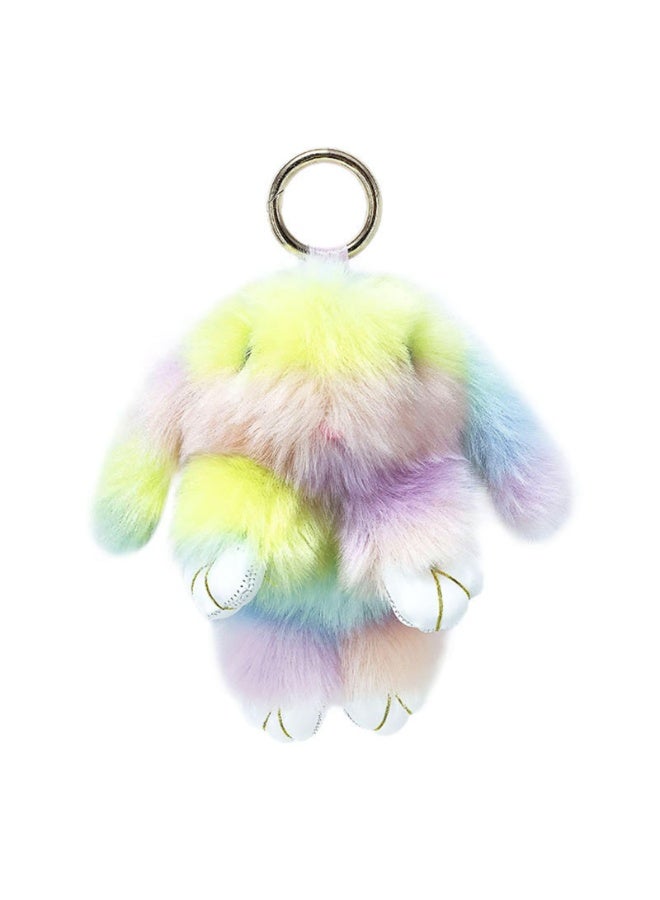 Rainbow Faux Fur Bunny Keychain Charm, Pastel Artificial Rabbit with PU Leather Paws, 19cm - Image 1