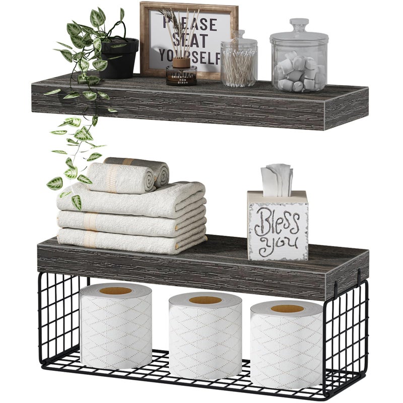 QEEIG Bathroom Shelves Over Toilet Wall Mounted Floating Shelves Toilet Paper Storage Small Farmhouse Decor Shelf 16 inch Set of 2 Grey 019GY2