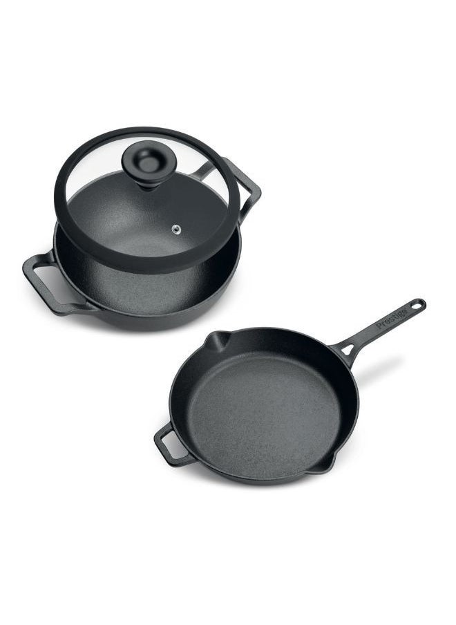Prestige Prestige Pre-Seasoned Cast Iron Cookware Set - 24Cm Kadai W/L & 26Cm Frypan | Set Combo Offer for Kitchen | Iron Utensils for Cooking | Induction Cookware Set, Black, PR49083  - Image 2